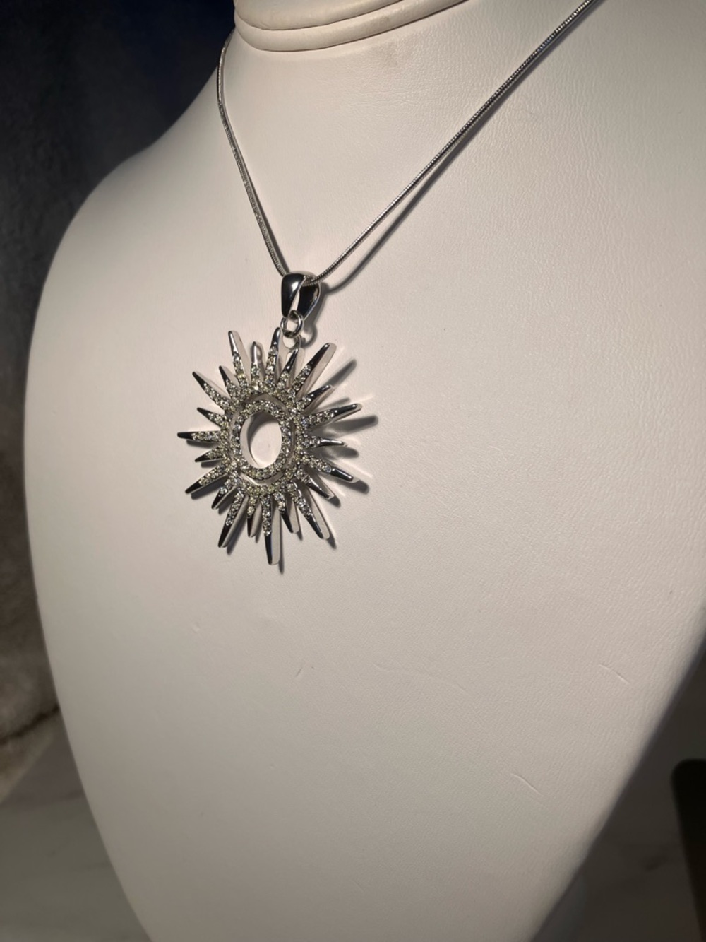 Sunburst Silver Pendant Necklace with Clear Crystal Accents reversible!